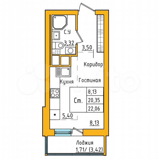 Квартира-студия, 22,1 м², 4/27 эт.
