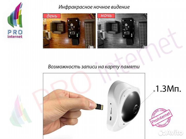 3D Wifi IP Камера 1.3Мп Рыбий Глаз Видеонаблюдение