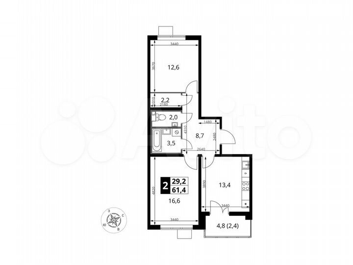 2-к. квартира, 61,4 м², 21/25 эт.