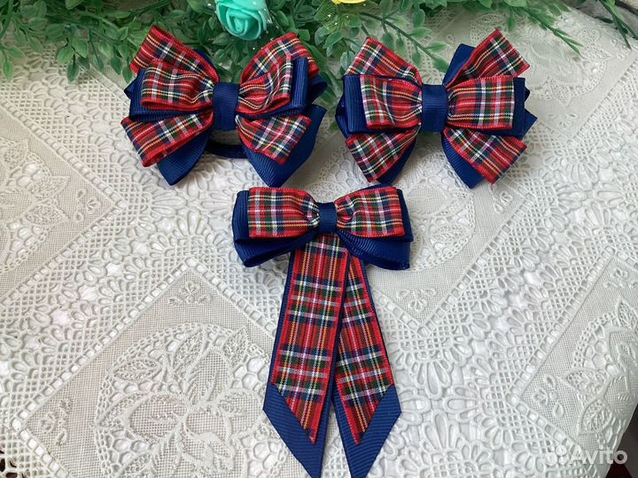 Школьные бантики, галстук из ленты в клетку