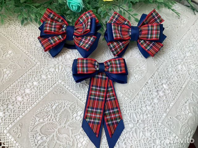 Школьные бантики, галстук из ленты в клетку