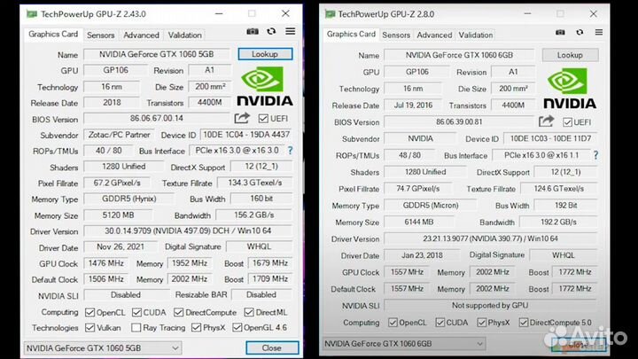 Видеокарта GTX 1060 5GB Gigabyte / Zotac