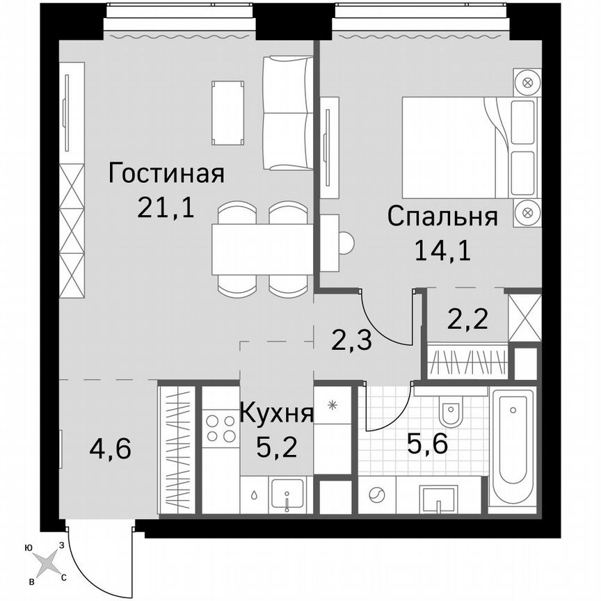 1-к. квартира, 55,1 м², 35/60 эт.