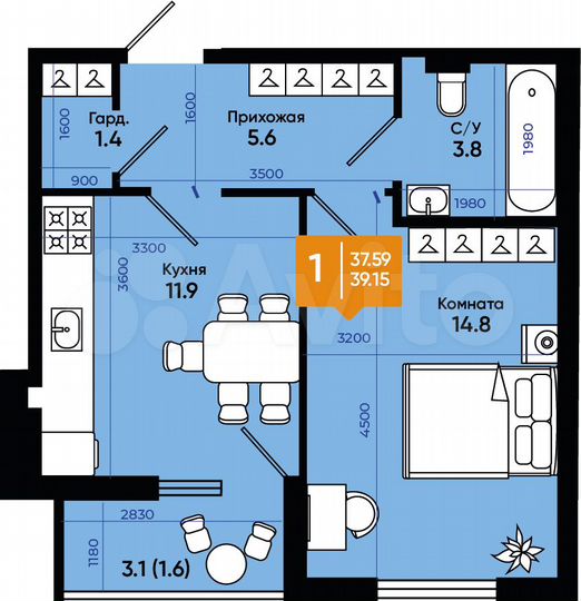 1-к. квартира, 39,2 м², 7/9 эт.