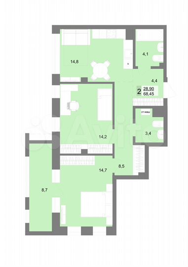 2-к. квартира, 67,7 м², 8/31 эт.