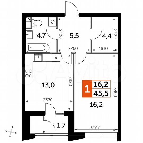 1-к. квартира, 45,5 м², 27/43 эт.