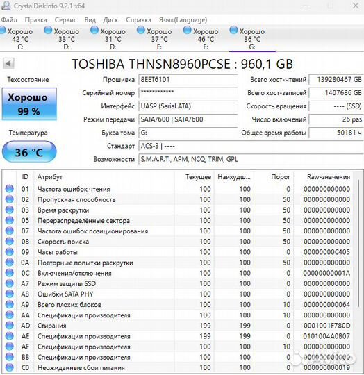 SSD Toshiba thnsn8960pcse 960GB