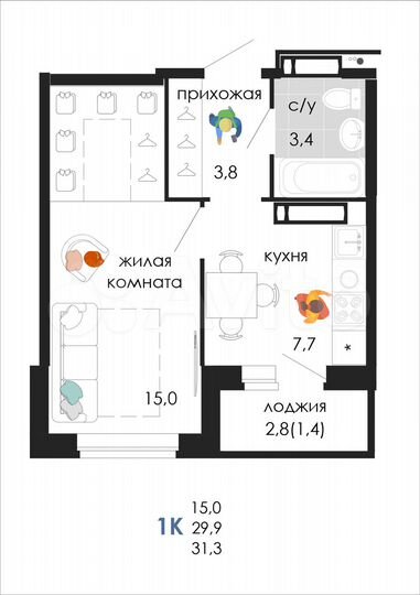 1-к. квартира, 31,3 м², 17/19 эт.