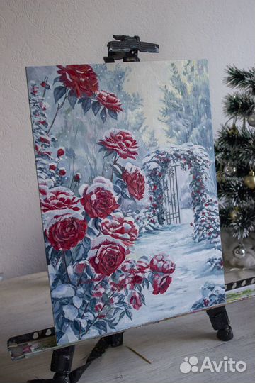 Картина маслом зимний пейзаж Розы в снегу