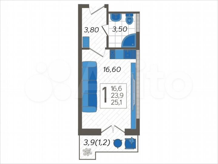 Квартира-студия, 25,1 м², 11/12 эт.