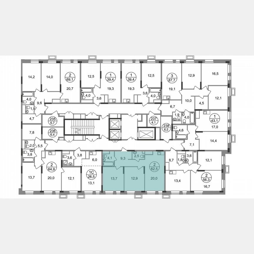 2-к. квартира, 62,5 м², 13/19 эт.