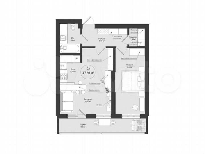 2-к. квартира, 47,5 м², 18/25 эт.
