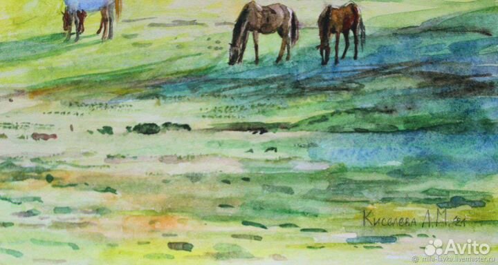 Пейзаж картина лошади поле горы