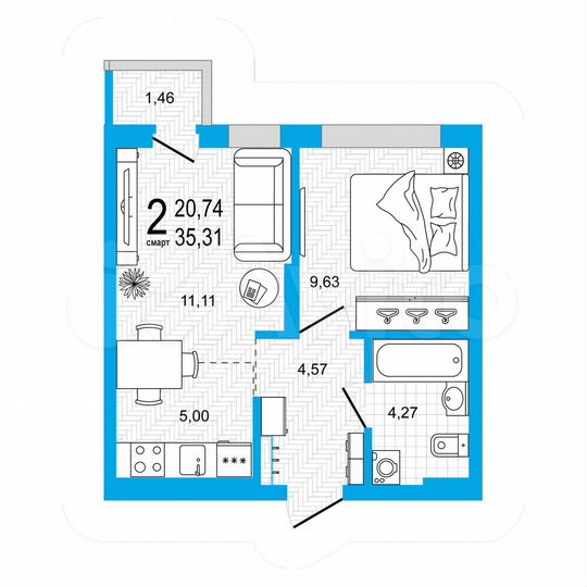 2-к. квартира, 35,3 м², 2/26 эт.