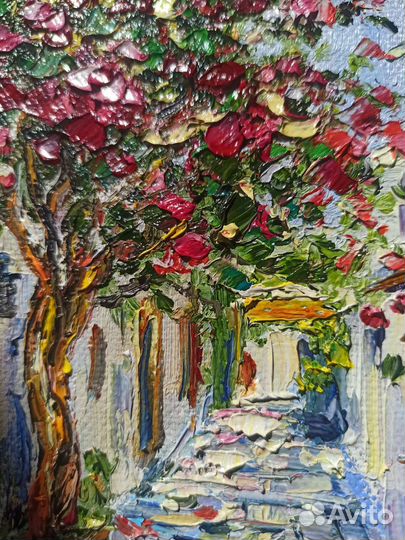 Картина маслом улочки Греции пейзаж 15*20 см