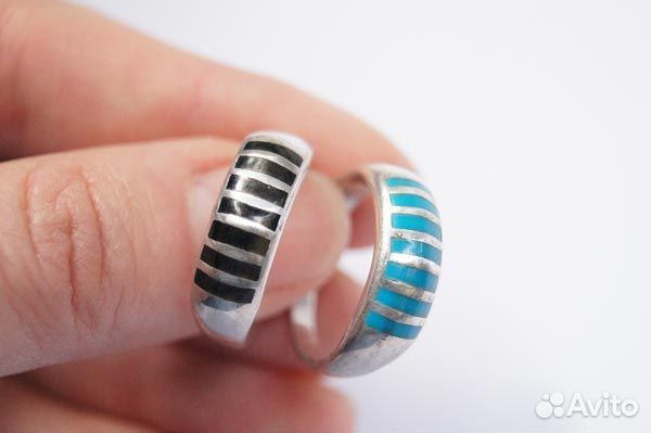 Кольцо а черным агатом и бирюзой