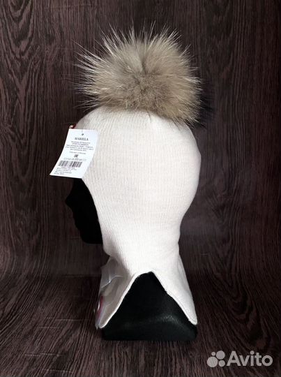 Шапка шлем и варежки руч/роспись натур помпон