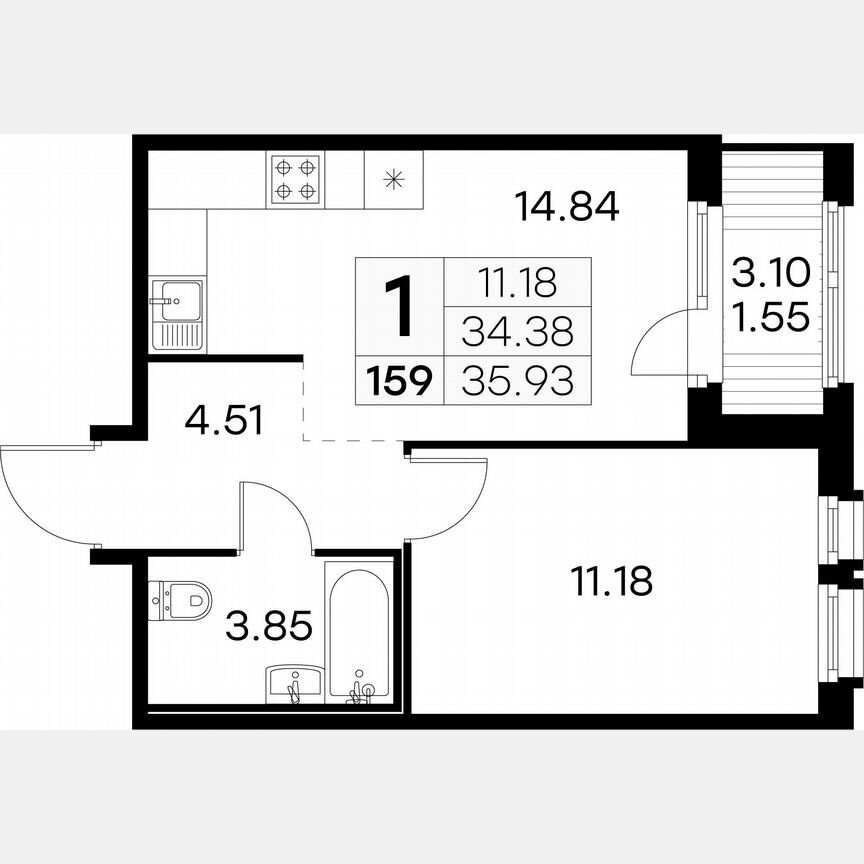 1-к. квартира, 35,9 м², 2/15 эт.