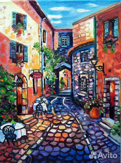 Картина маслом Кафе в старом городе холст 40*30см