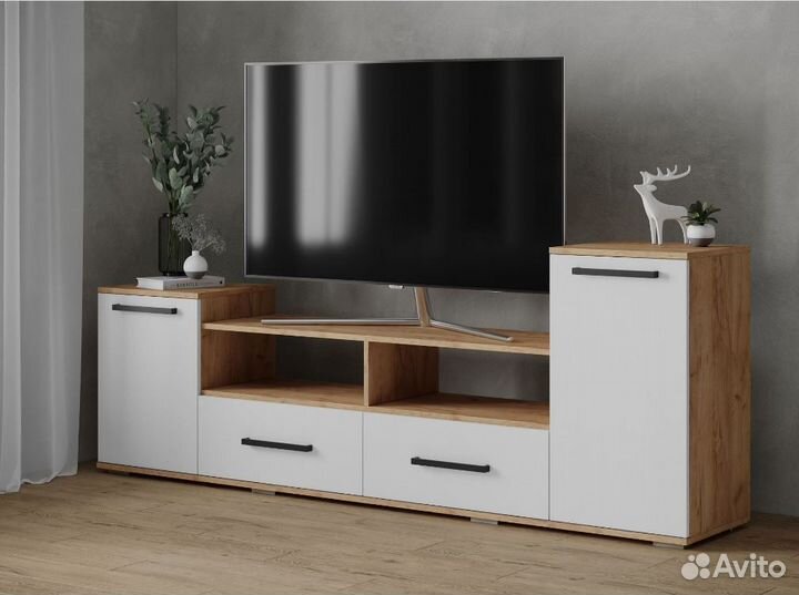 Тумба под тв с ящиками+2 дверцы Дуб крафт/Белый