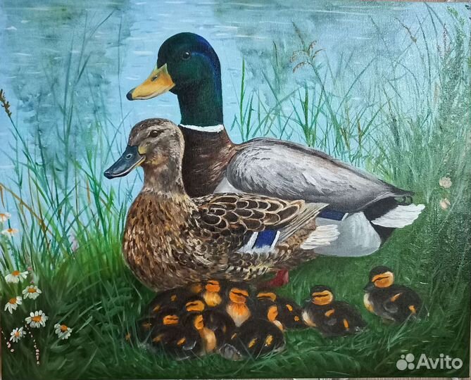 Картина маслом на холсте,Утиная семья