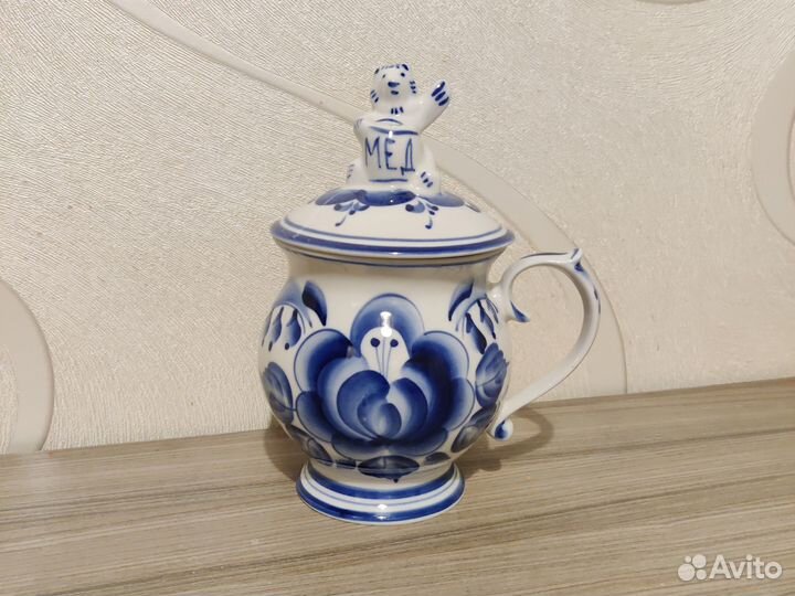 Банка кружка для мёда Гжель с крышкой