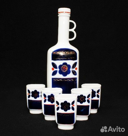 Набор Графин и 6 рюмок, медовое стекло, позолота