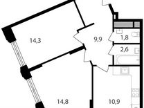 2-к. апартаменты, 54,3 м², 3/9 эт.