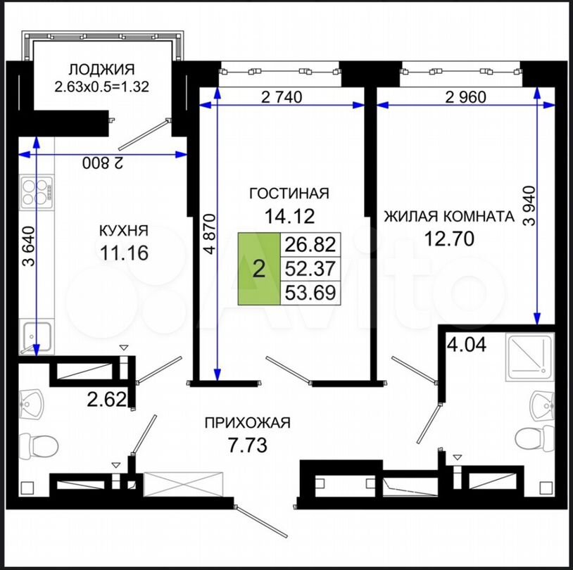 2-к. квартира, 53,7 м², 24/25 эт.