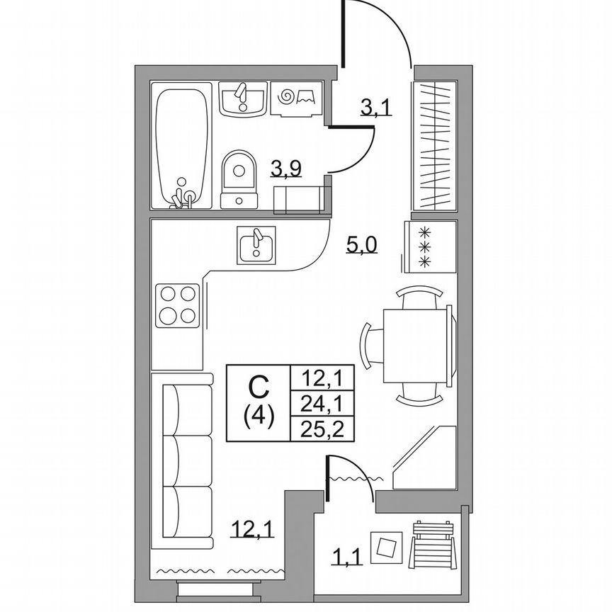 Квартира-студия, 25,2 м², 5/8 эт.