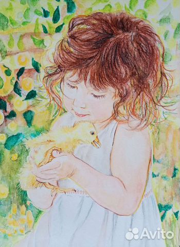 Авторская картина. Девочка и утенок. А4