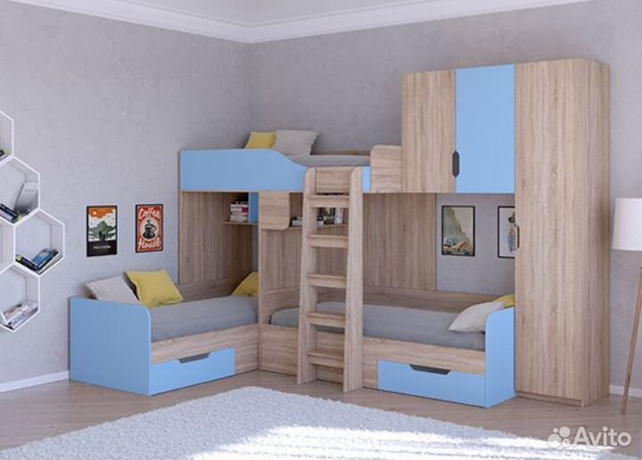 Трехместная кровать трио/2 Дуб молочный/Фиолетовый