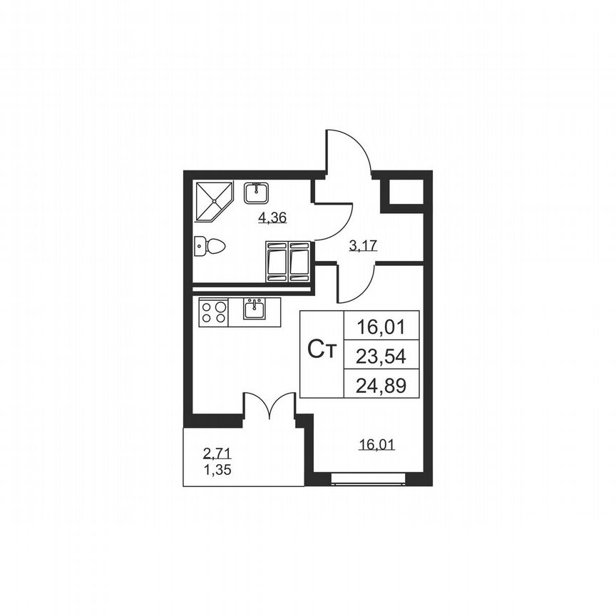 Квартира-студия, 24,9 м², 16/19 эт.