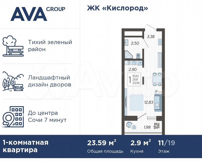 Квартира-студия, 23,6 м², 11/19 эт.