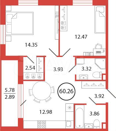 2-к. квартира, 60,3 м², 4/12 эт.