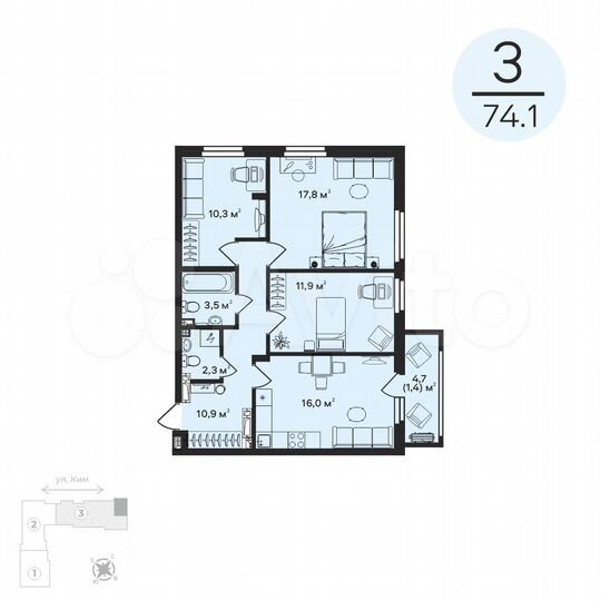 3-к. квартира, 74,1 м², 2/6 эт.