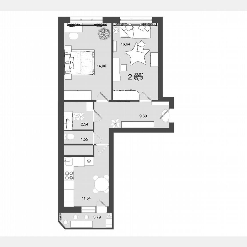 2-к. квартира, 59,1 м², 1/9 эт.