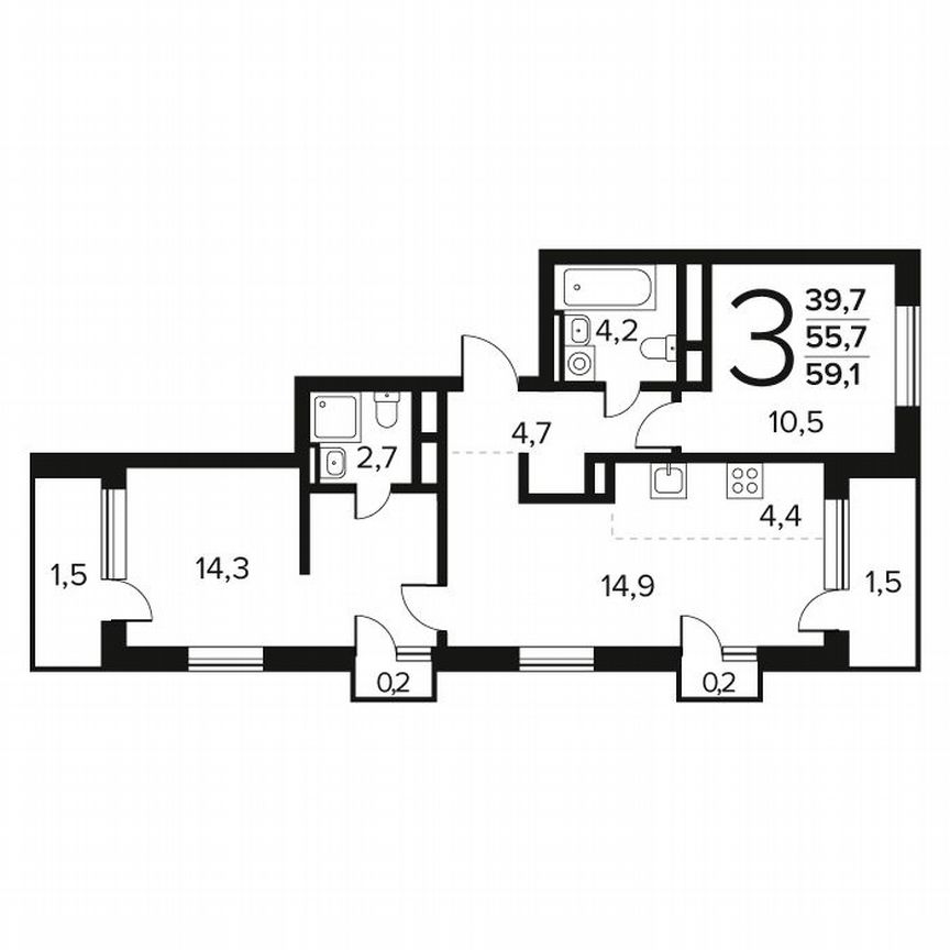 3-к. квартира, 59,1 м², 5/7 эт.