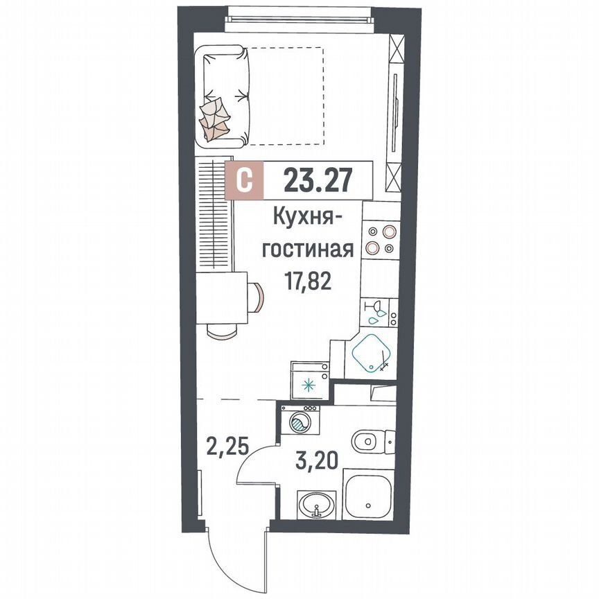 Квартира-студия, 23,3 м², 2/18 эт.