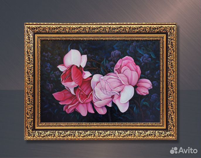 Королевские магнолии в ночном саду. Картина, масло