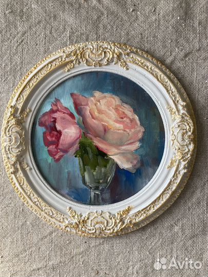Картина маслом на холсте цветы с оформлением