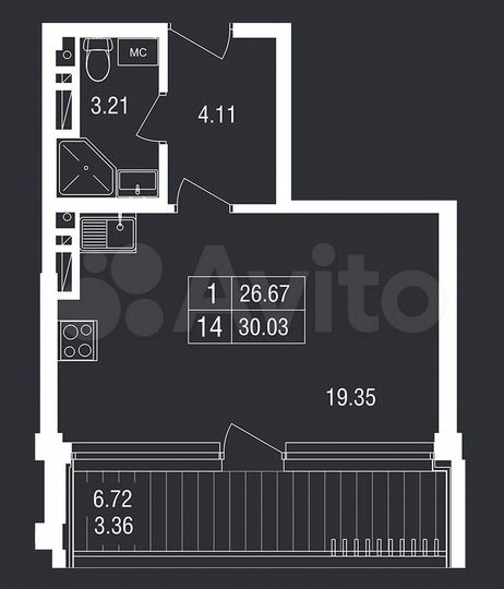 Апартаменты-студия, 30 м², 3/8 эт.