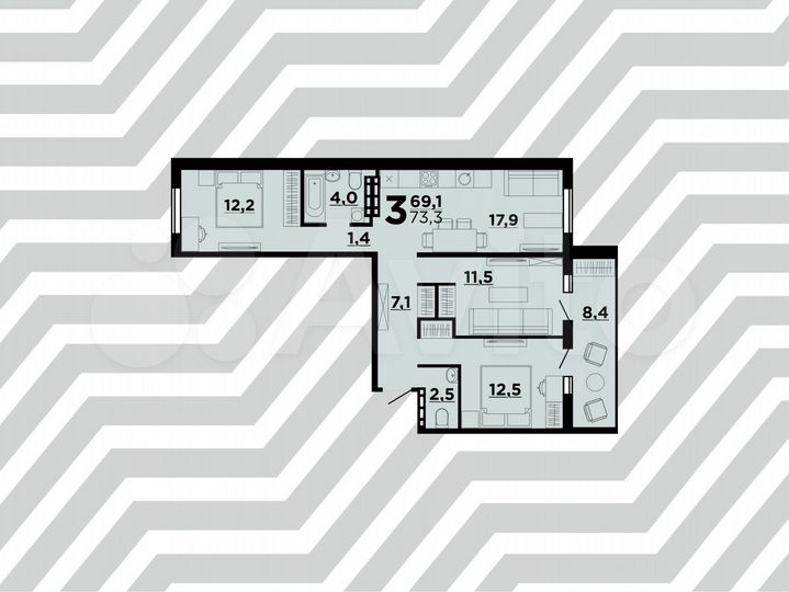 3-к. квартира, 73,3 м², 1/9 эт.