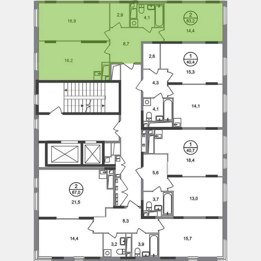 2-к. квартира, 63,2 м², 14/17 эт.