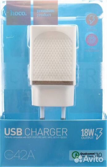 Зарядное устройство USB 3А, hoco C42A 18W, QC3.0