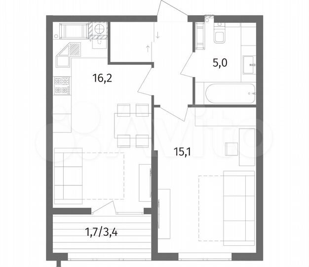1-к. квартира, 43,1 м², 3/12 эт.
