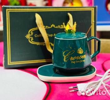 Керамическая кружка с крышкой, ложкой и подогревом