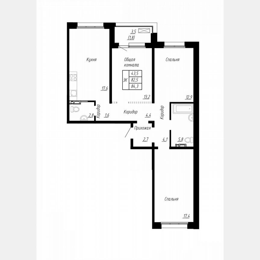 3-к. квартира, 84,3 м², 6/17 эт.