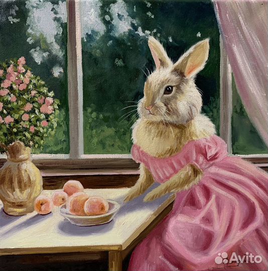 Картина маслом кролик с персиками