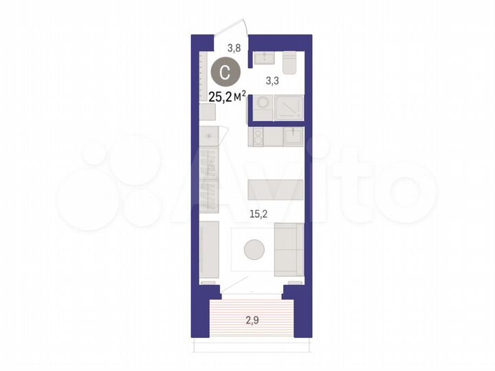 Квартира-студия, 25,2 м², 3/16 эт.
